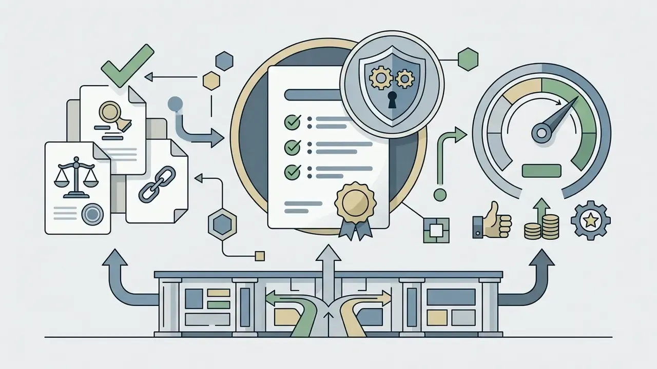 Legal papers and compliance icons feeding into a central certification panel with a performance gauge