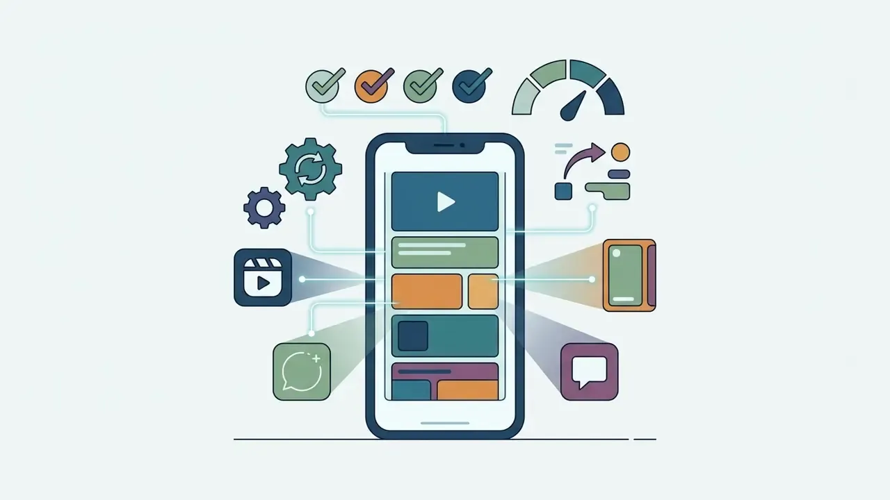 Smartphone screen showing video editing interface connected to various social media and messaging app icons