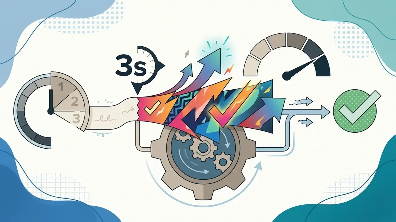 Timer and gear mechanisms accelerating colorful arrows toward a green checkmark completion icon