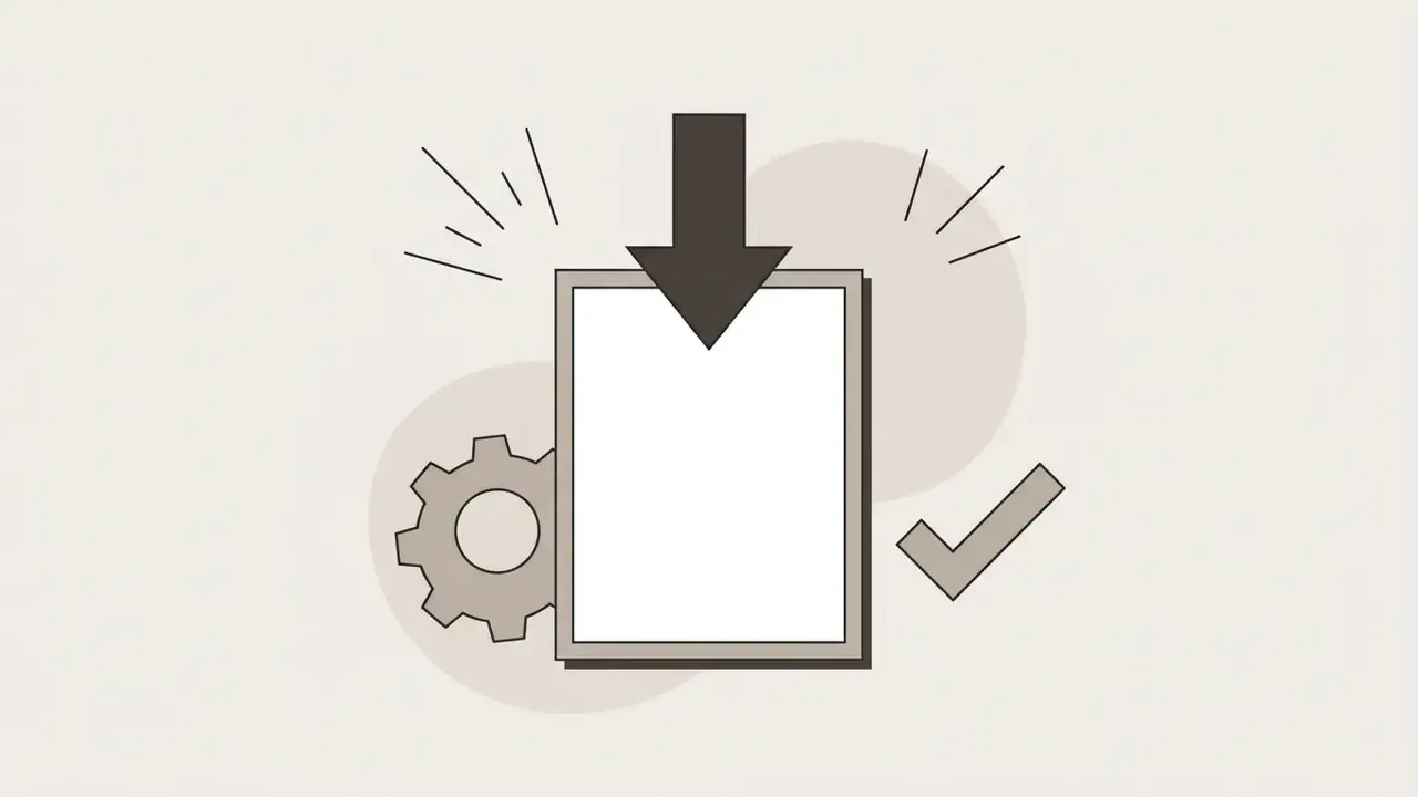 Downward arrow pointing into a rectangular frame with a gear icon and a checkmark symbol