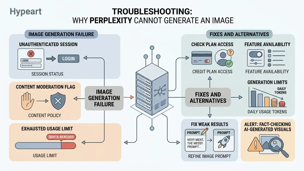 Infographic mapping common Perplexity AI image generation failures to potential fixes and solutions