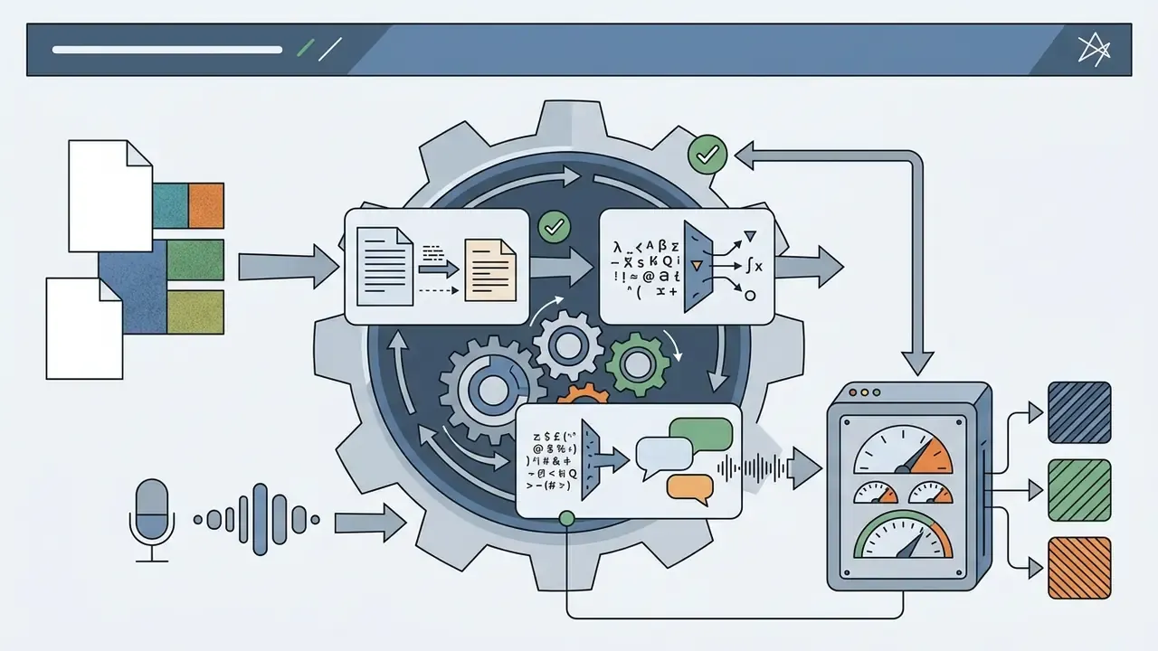Gear mechanism processing text and audio inputs into a dashboard with gauges and output squares