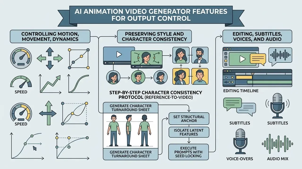 Diagram showing controls for motion, character consistency, and audio editing in an AI animation generator