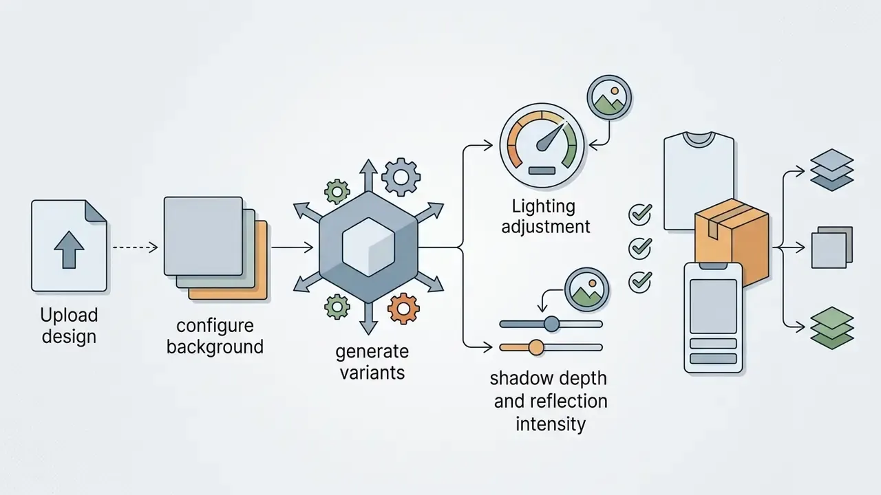 Workflow showing design upload, background configuration, lighting adjustments, and final product outputs