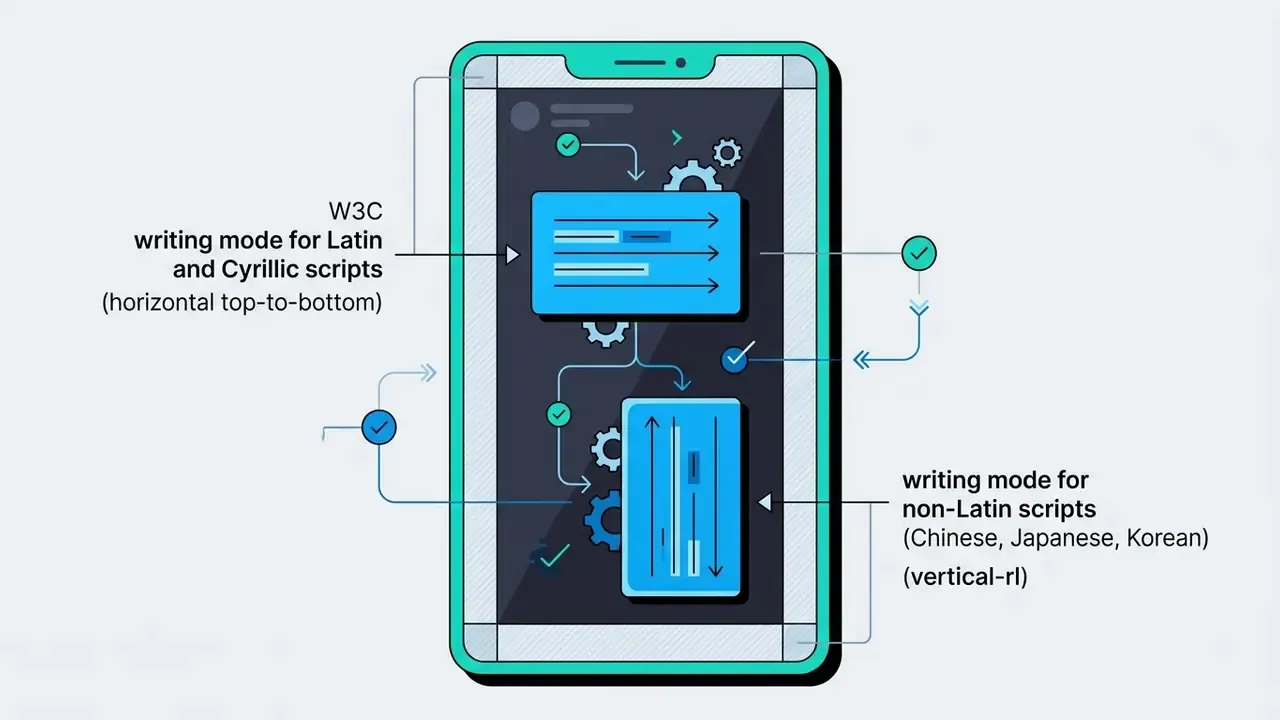 Smartphone screen showing horizontal and vertical text flow paths with gear icons and check marks