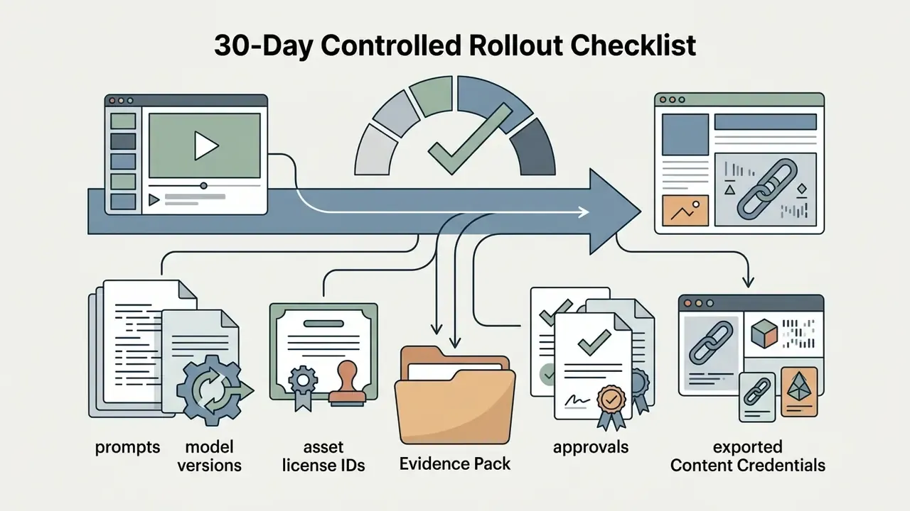 Icons of documents and assets feeding into a folder and digital interfaces along a progress arrow