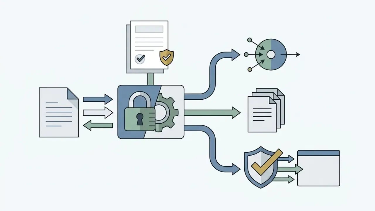 Documents flowing into a locked gear mechanism that outputs to a pie chart, file stack, and shield interface