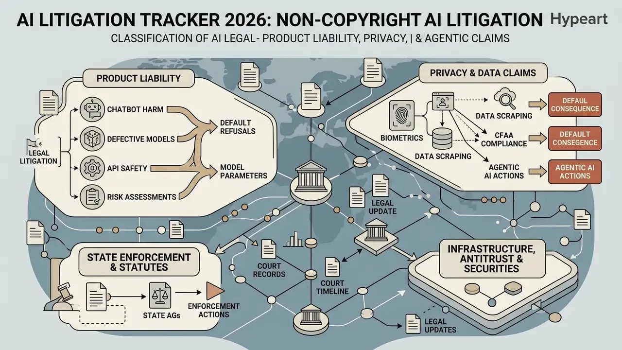 Network map connecting AI litigation categories like product liability and privacy to legal outcomes