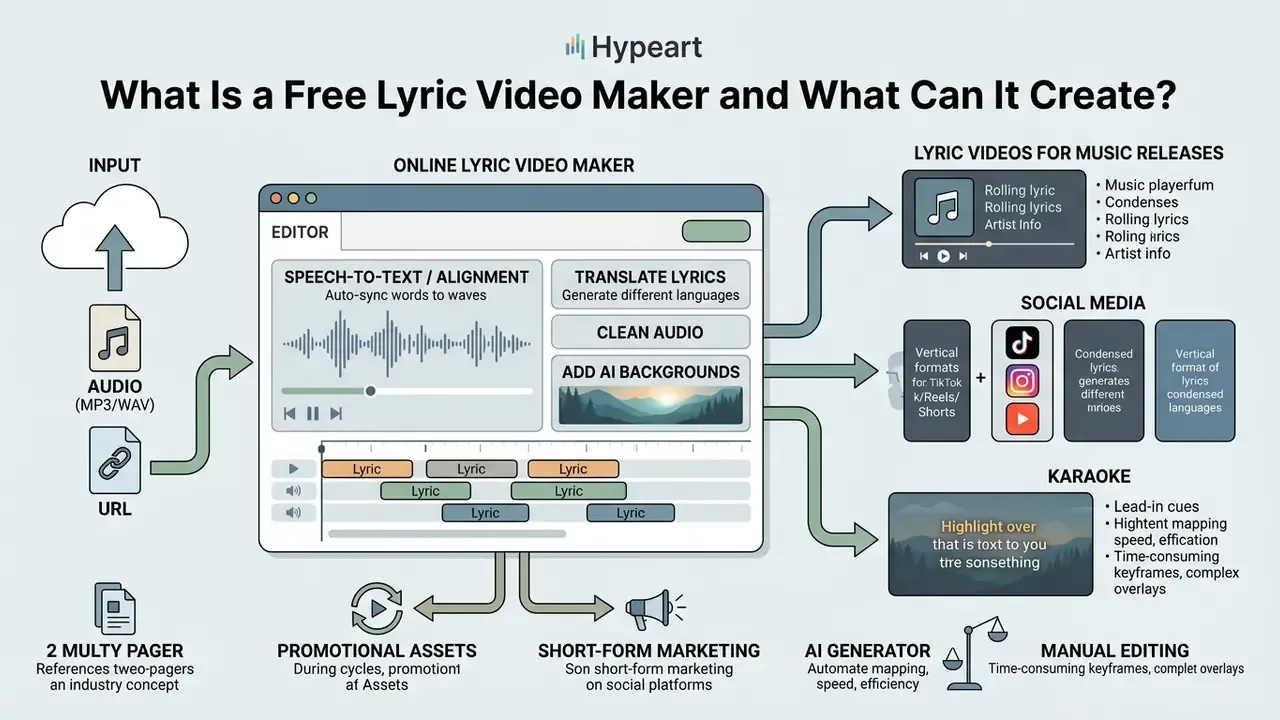 Infographic showing how a free lyric video maker processes audio inputs into music and social media content