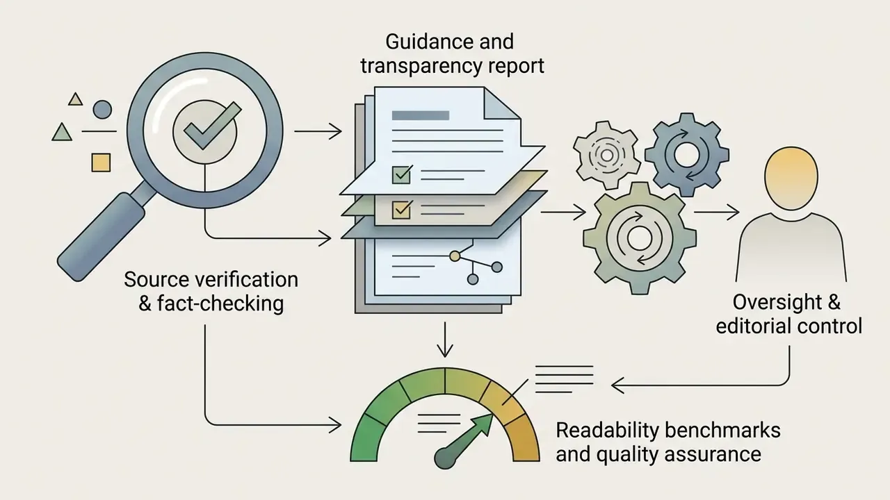 Magnifying glass, report documents, and gears leading to human oversight and quality gauge
