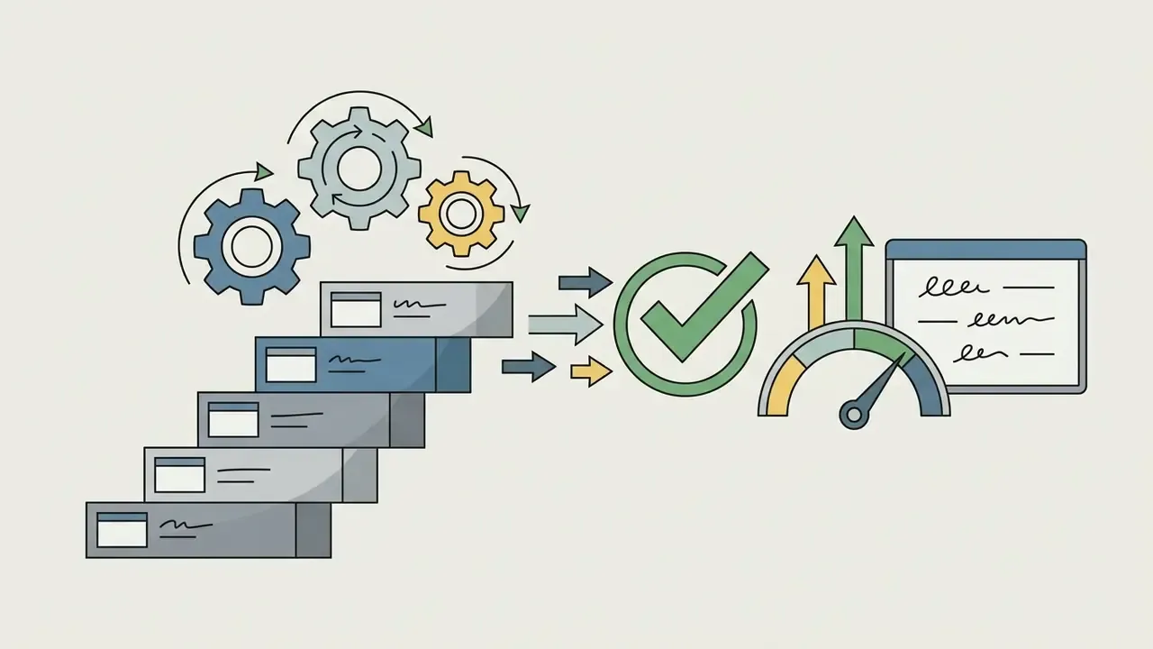 Staircase of boxes with rotating gears leading to a checkmark icon and a speedometer showing growth