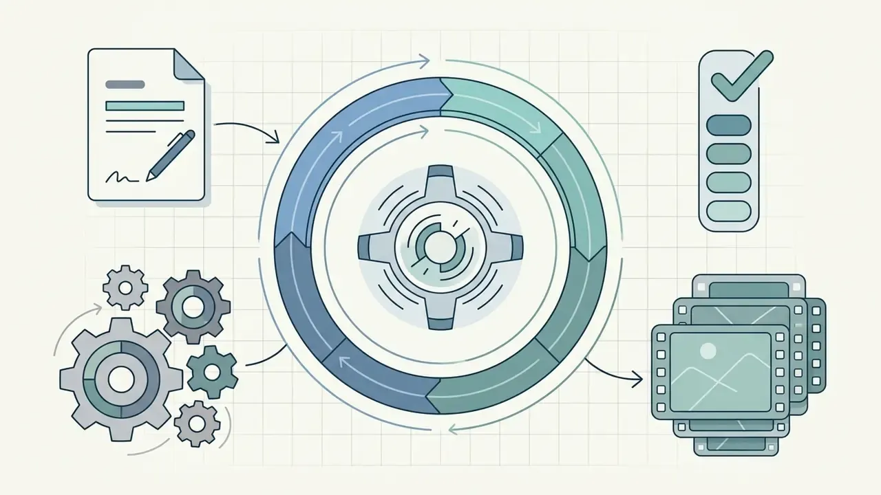 Document and gears feeding into a central circular process that outputs a series of film frames