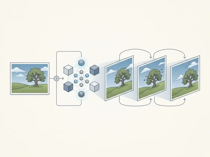 Diagram showing a photo being processed by an AI model to generate a sequence of video frames