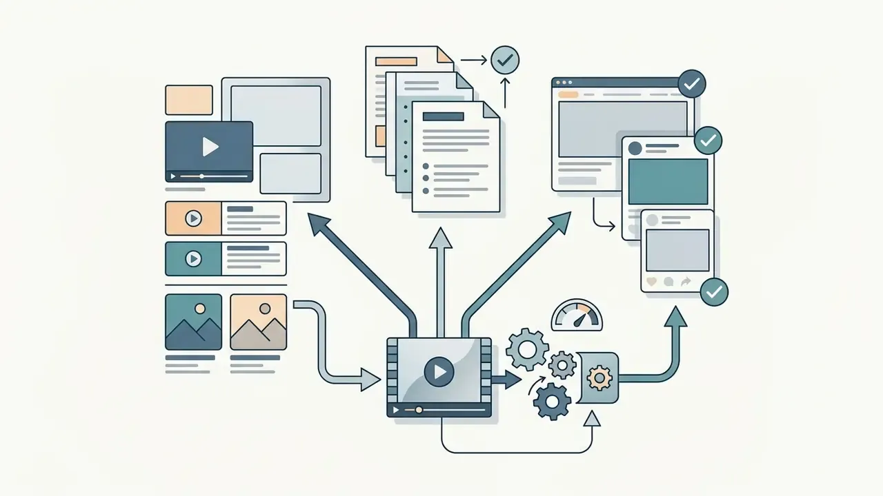 Video content feeding into a gear system to produce various social media posts and text documents