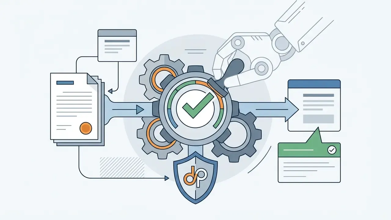 Robotic hand stamping a legal document that feeds into a gear system protected by a shield icon
