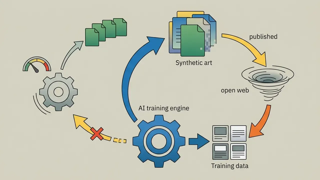 Circular process showing synthetic art being published to the web and re-ingested as AI training data