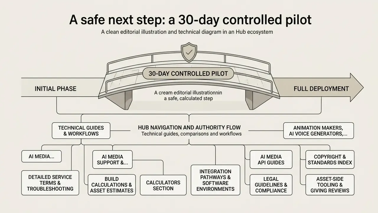 Bridge graphic connecting initial phase to full deployment with branches for technical and legal resources