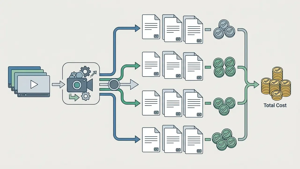 Video files processing through a central gear into translated documents and credit costs for total billing