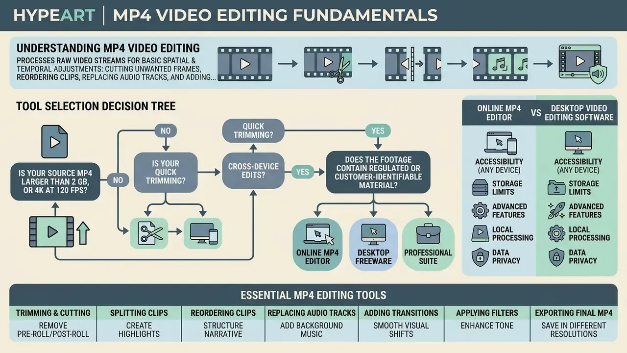 Decision tree diagram showing how to choose between online and desktop software for MP4 video editing