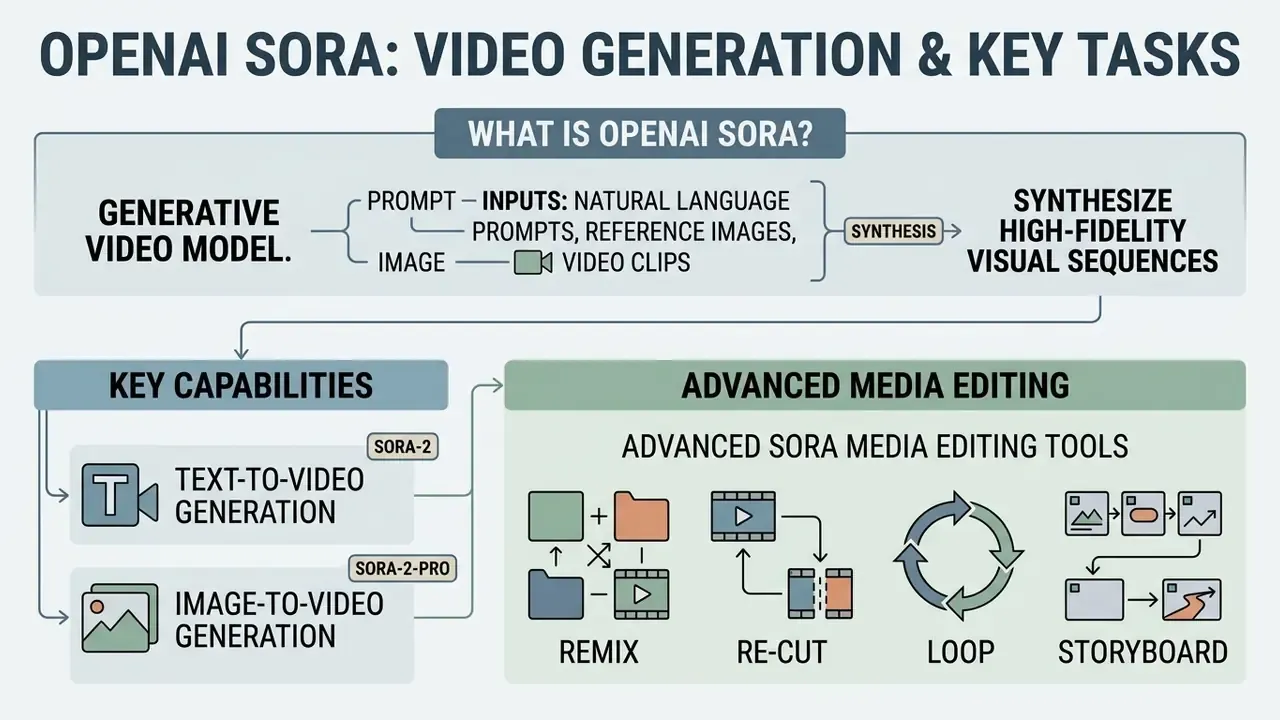 Infographic detailing OpenAI Sora generative video model inputs, core capabilities, and editing tools