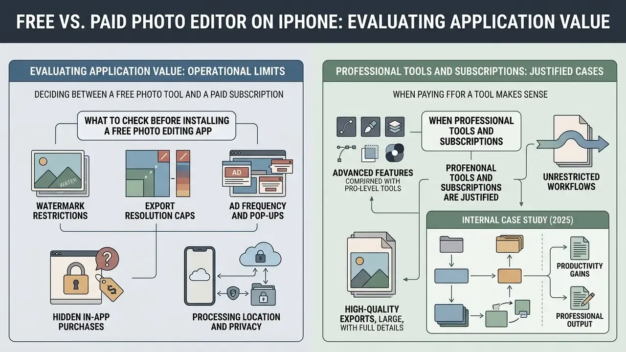 Comparison chart detailing operational limits of free mobile apps versus benefits of paid subscriptions