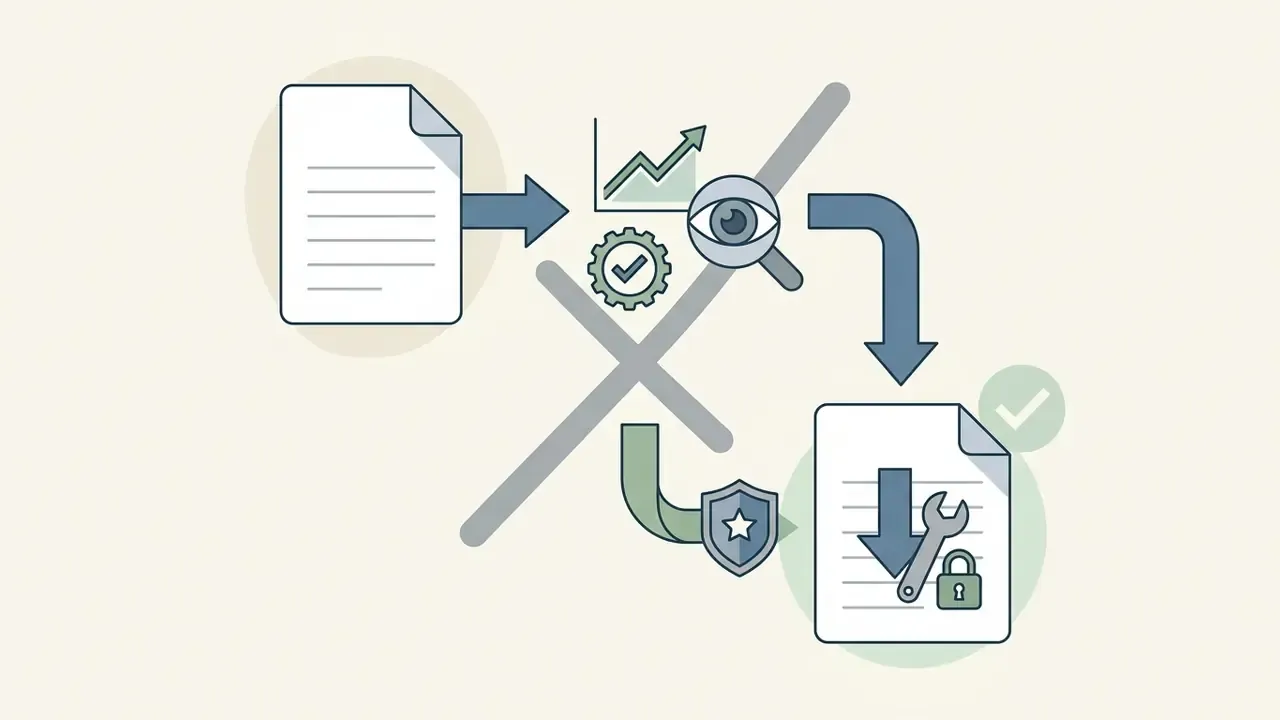 Document being processed through analysis icons and a shield to a final file with repair and lock symbols