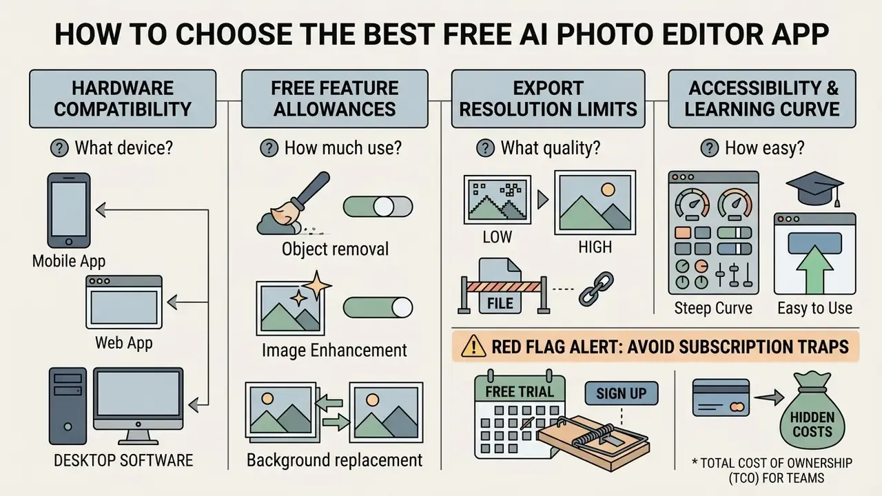 Four columns detailing considerations like hardware compatibility, feature limits, and subscription traps