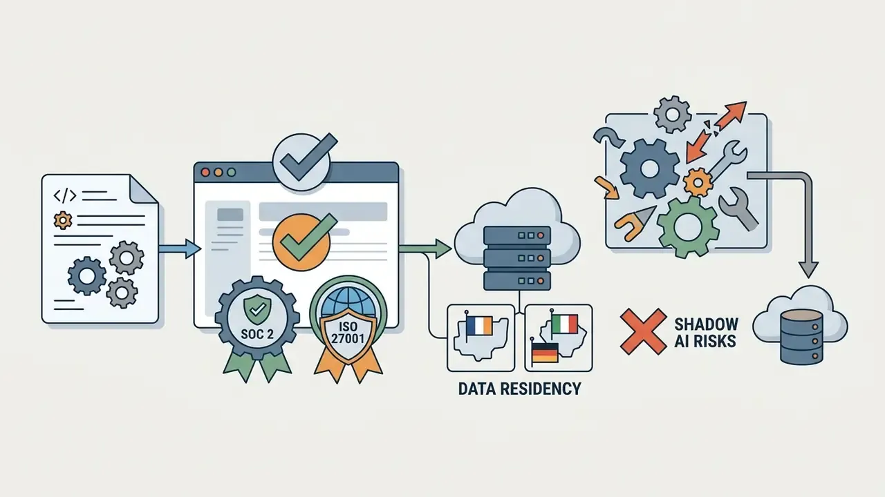 Document and certification icons moving data through residency options to avoid shadow AI risks