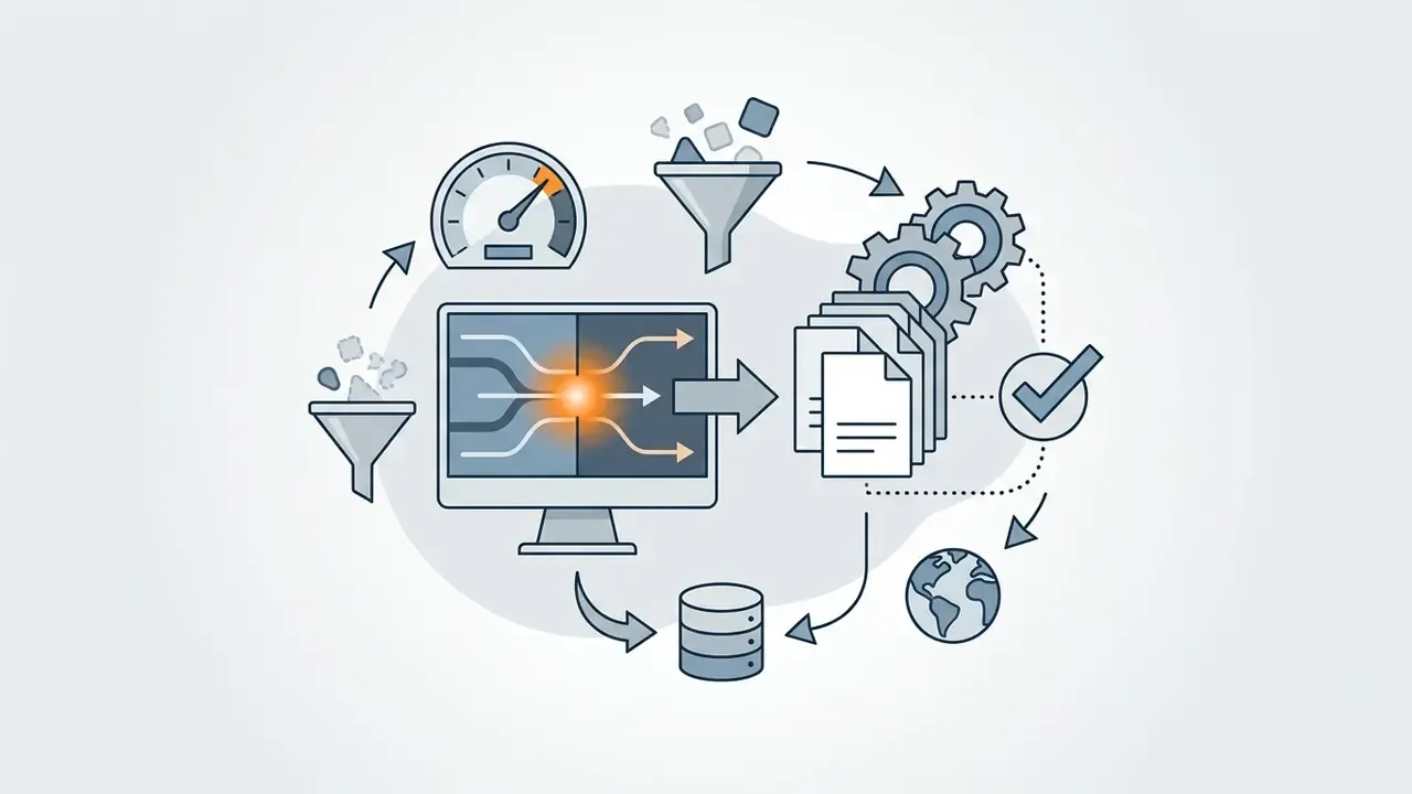 Central monitor processing data streams through filters and gears to verify and store output documents