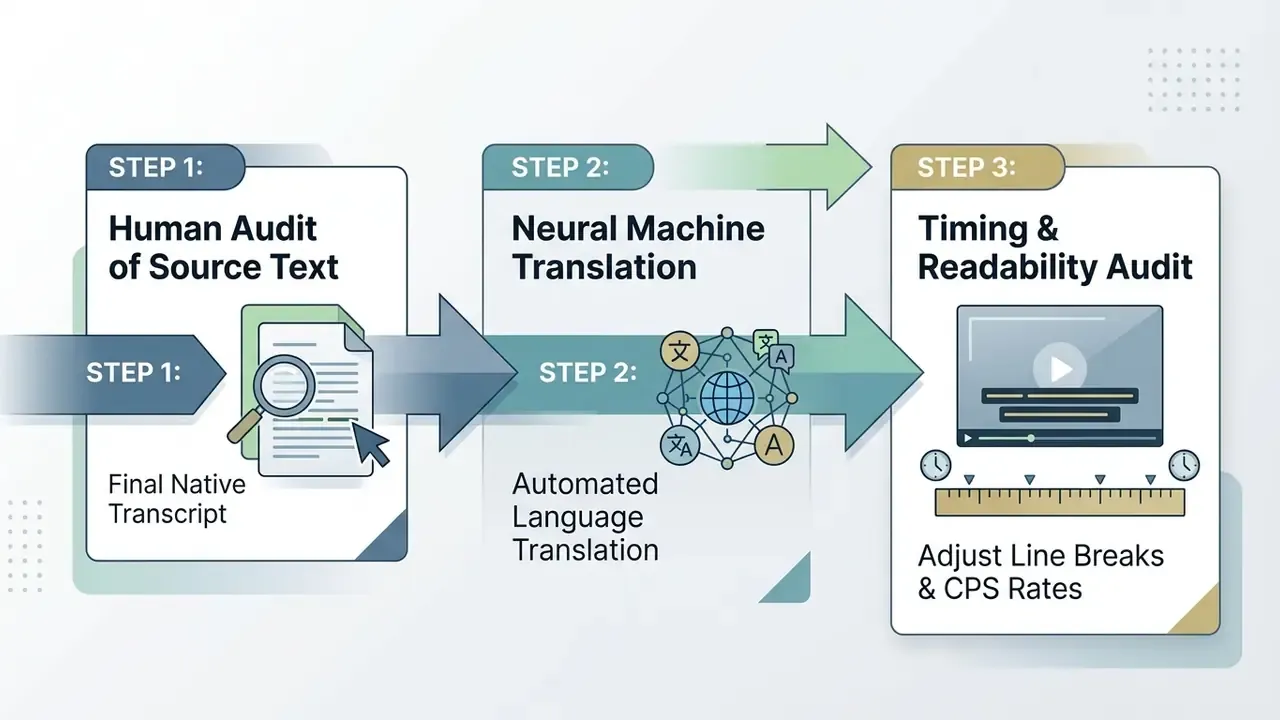 Three sequential steps showing human audit, neural machine translation, and timing adjustments for video text