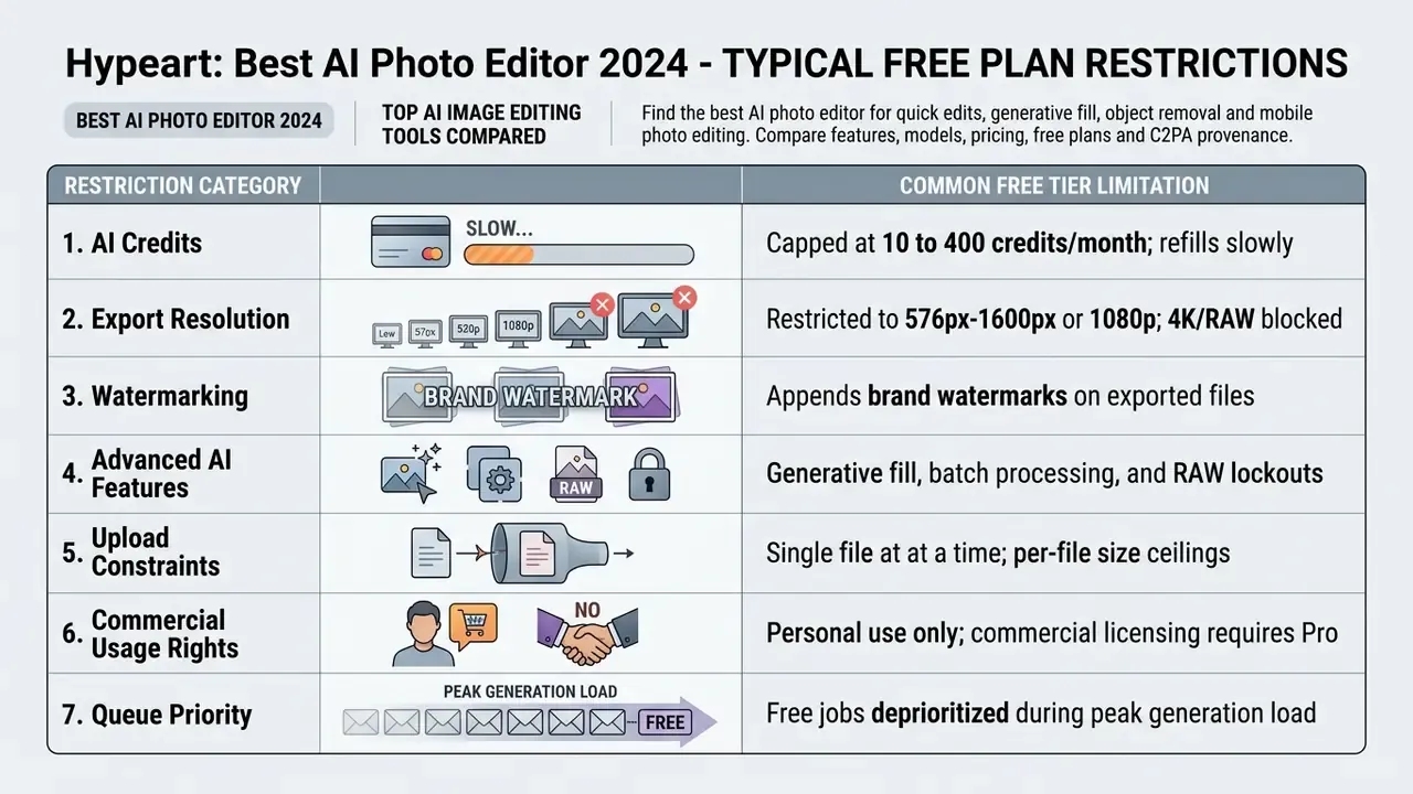 Table outlining common limitations found in free plans for the best AI photo editor 2024 software