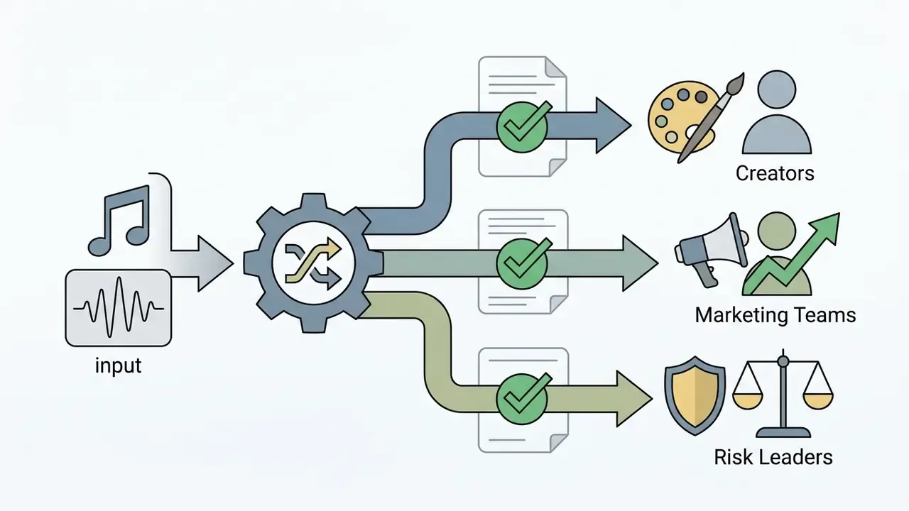 Audio input processing through a central gear into three distinct documentation and stakeholder paths