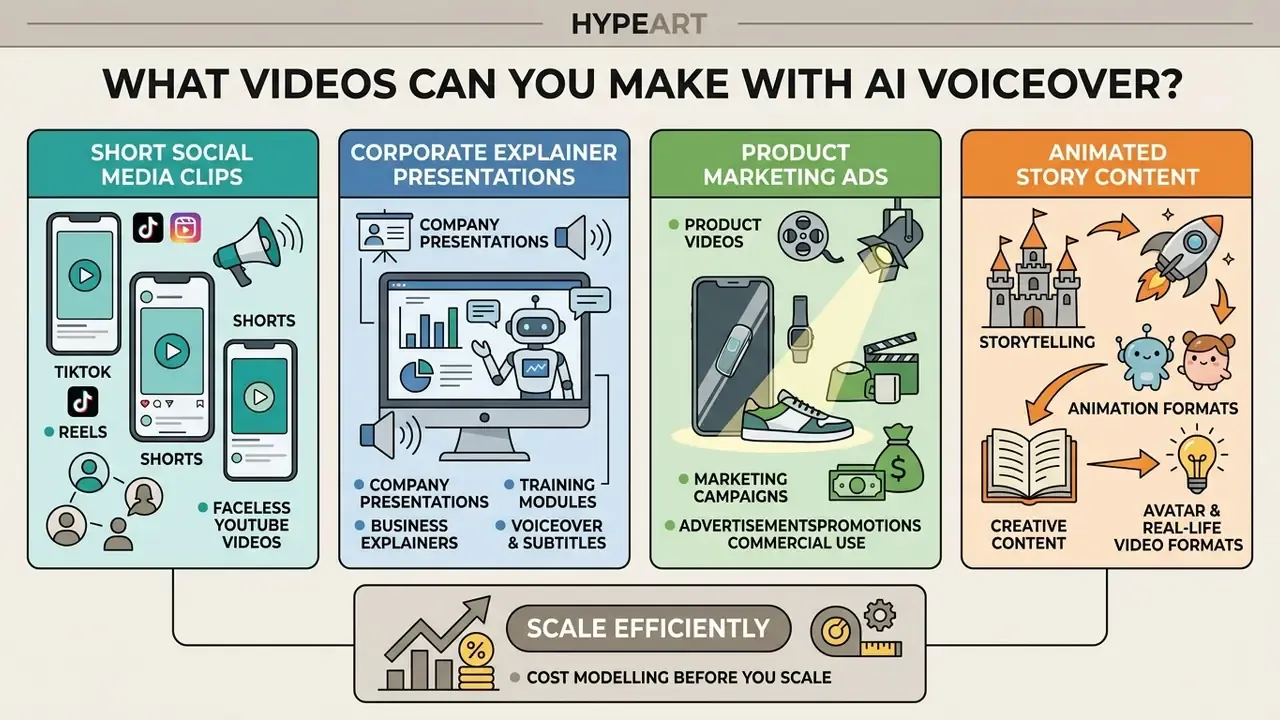Categorized infographic showing video types created by a free AI video generator with voiceover