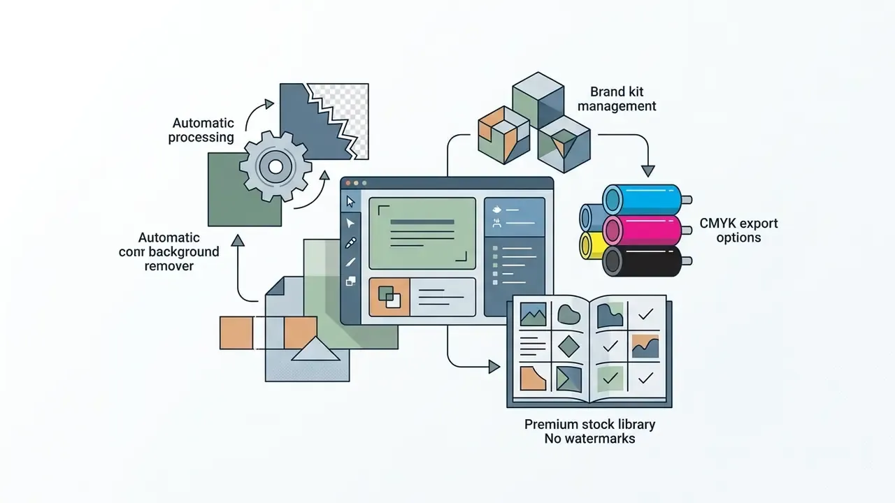 Central interface surrounded by icons for background removal, brand kits, CMYK printing, and stock assets