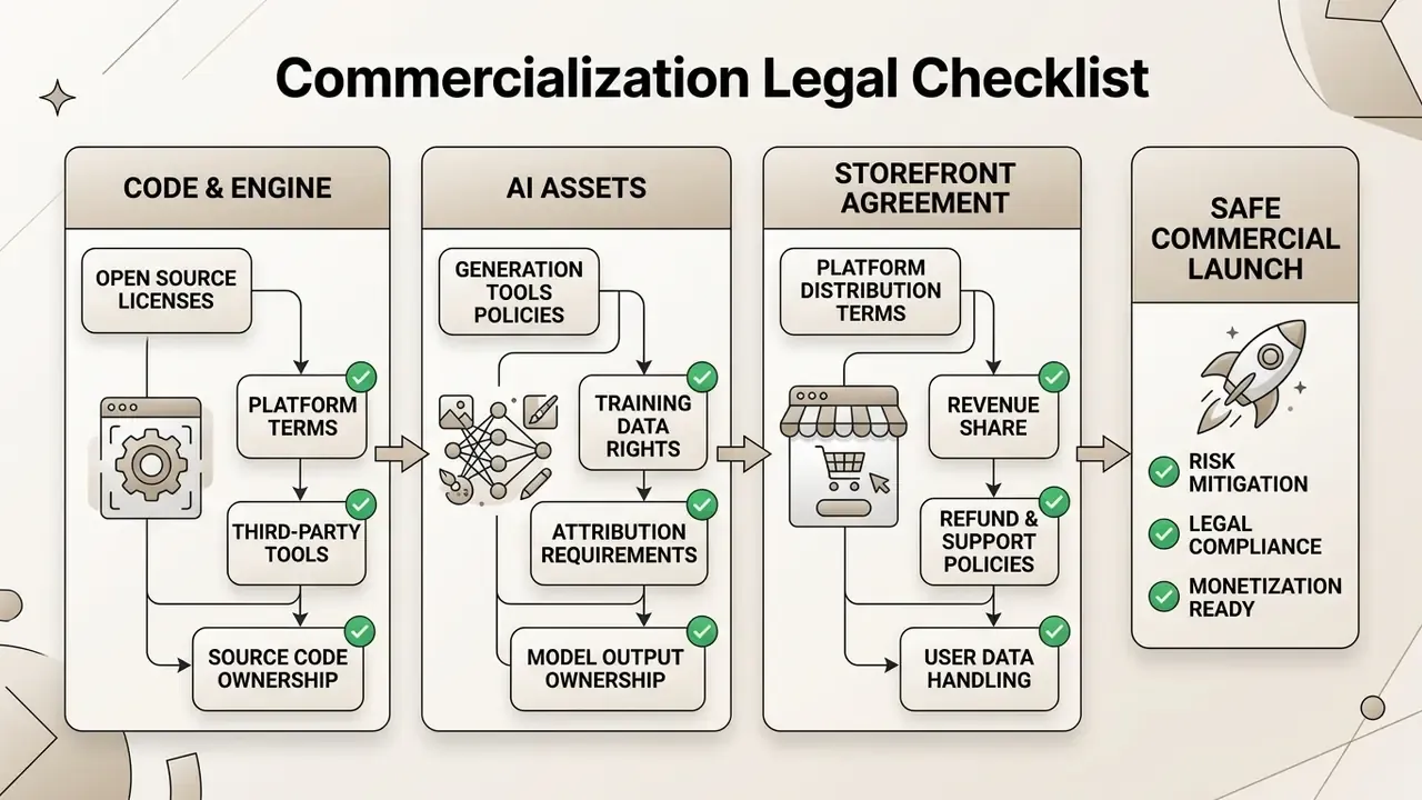 Flowchart detailing legal requirements for code, AI assets, and storefront agreements for game release