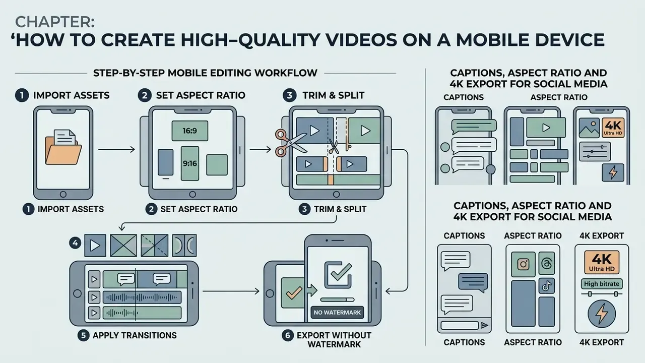 Numbered steps for mobile video editing workflow including asset import, aspect ratio, and export settings
