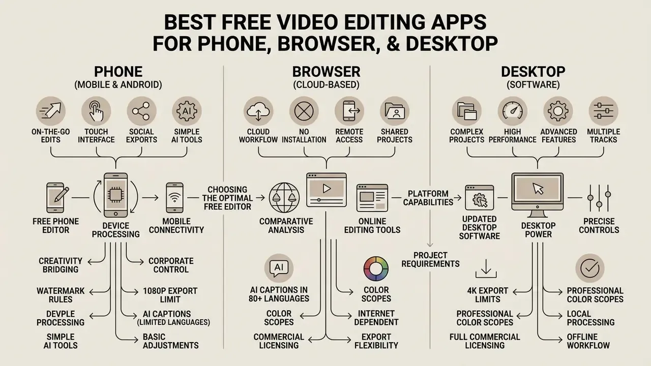 Infographic comparing features of free video editing apps across phone, browser, and desktop platforms