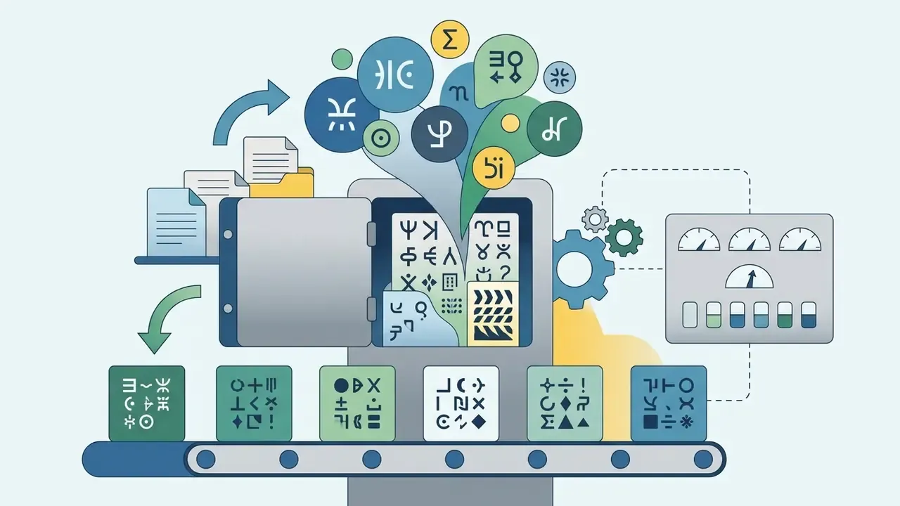 Vault processing aesthetic symbols and kaomoji onto a conveyor belt with a control panel and gears