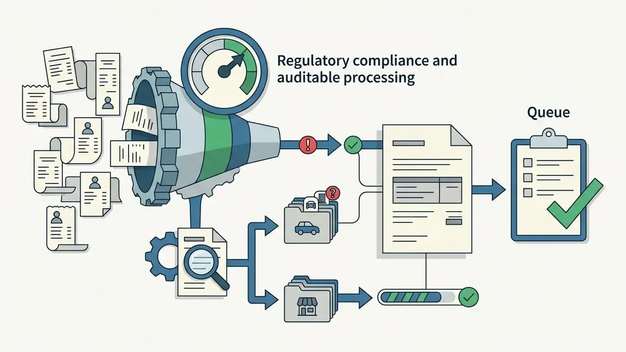 Documents passing through a gear-driven funnel and automated analysis to reach a final review queue