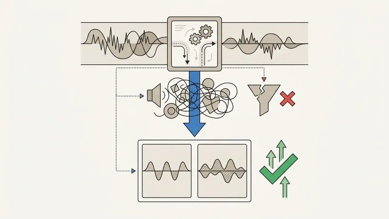 Visual representation showing how stem separation isolates audio tracks compared to ineffective filtering
