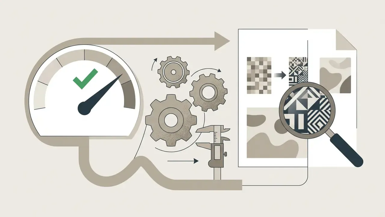 Speedometer and gears connected to a magnifying glass examining pixelated document patterns