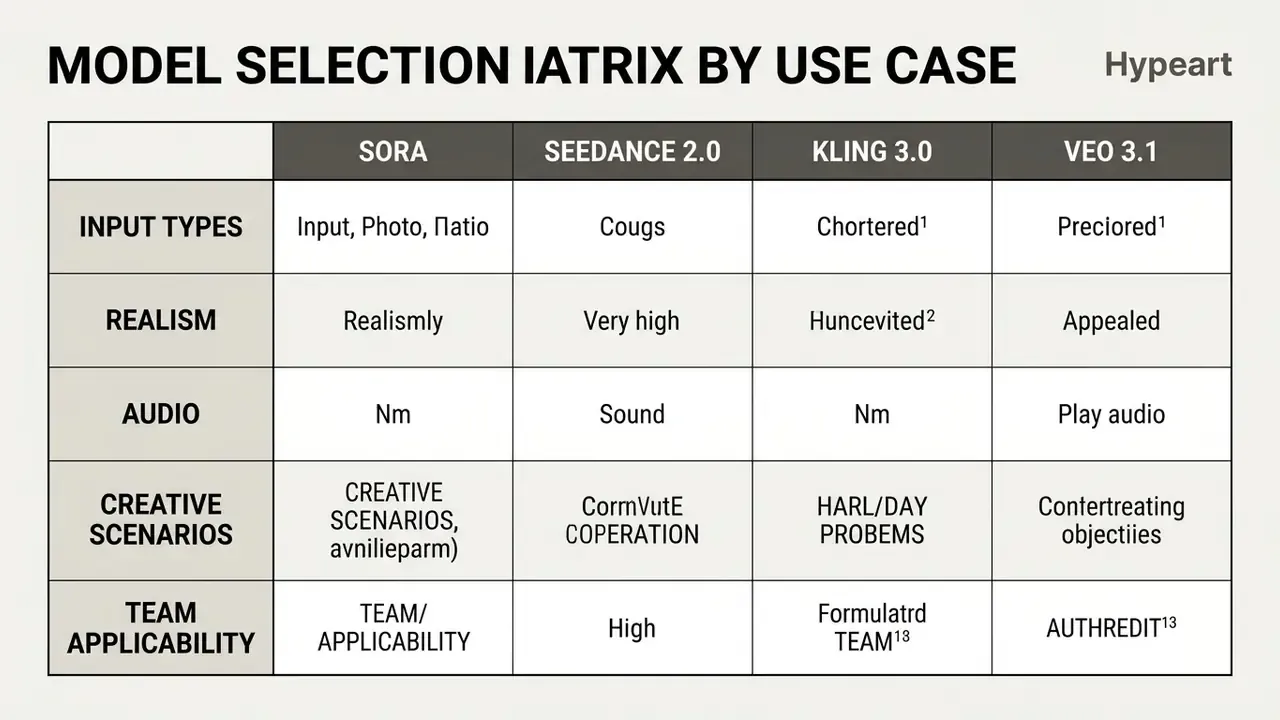Comparison table evaluating Sora, Seedance 2.0, Kling 3.0, and Veo 3.1 across various technical criteria