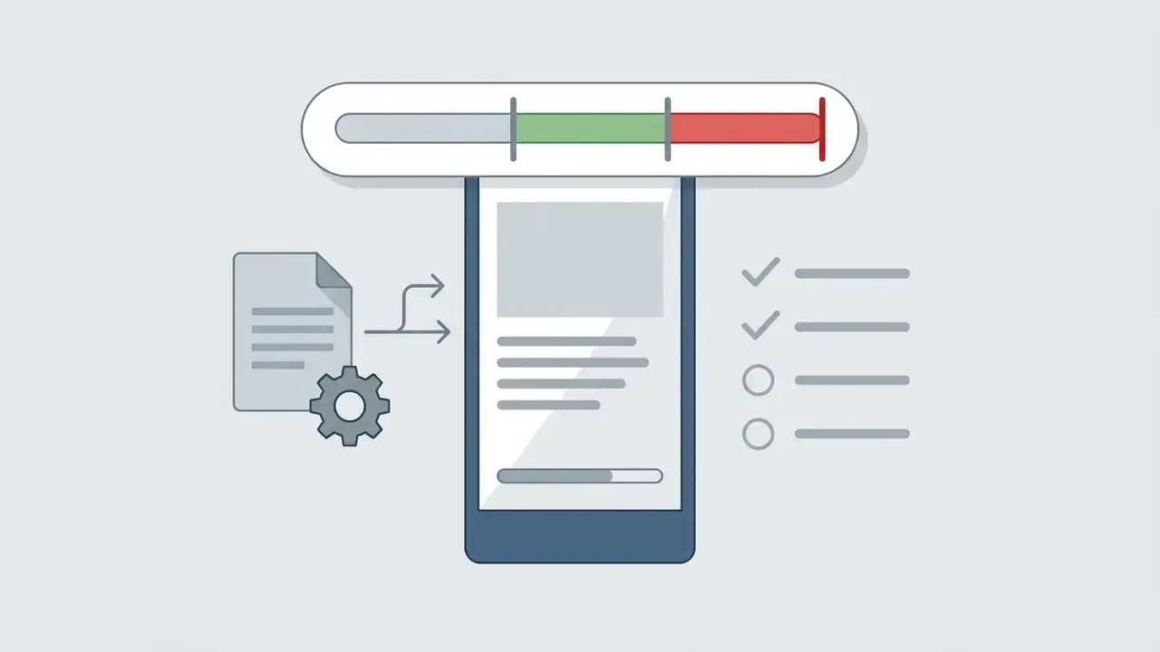 Document with gear icon feeding into a mobile phone interface with a status bar and checklist