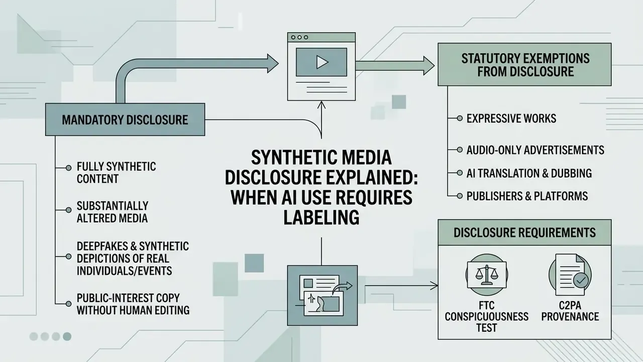 Diagram showing mandatory disclosure scenarios, statutory exemptions, and regulatory requirements for AI media
