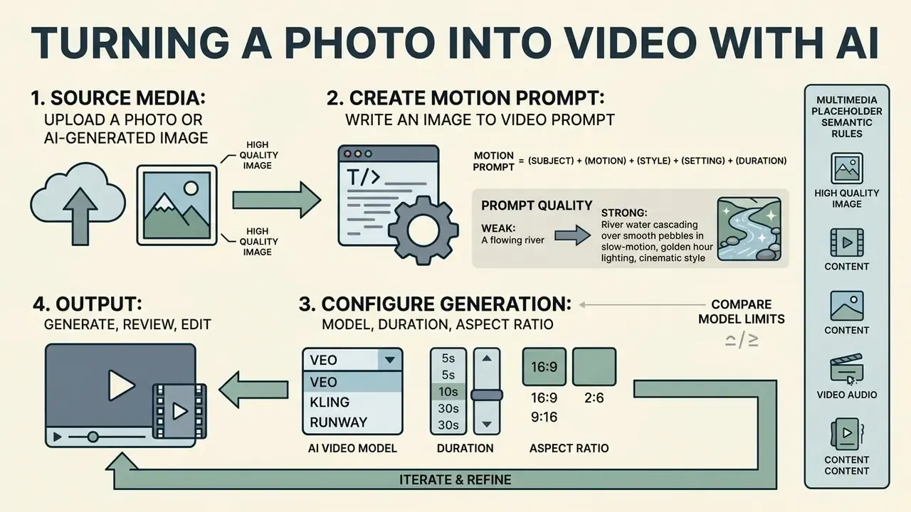 Workflow diagram showing steps to upload media, write prompts, configure settings, and generate AI video