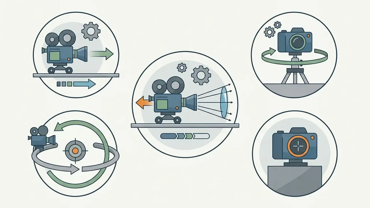 Five circular icons depicting various camera movements like panning, orbiting, and zooming