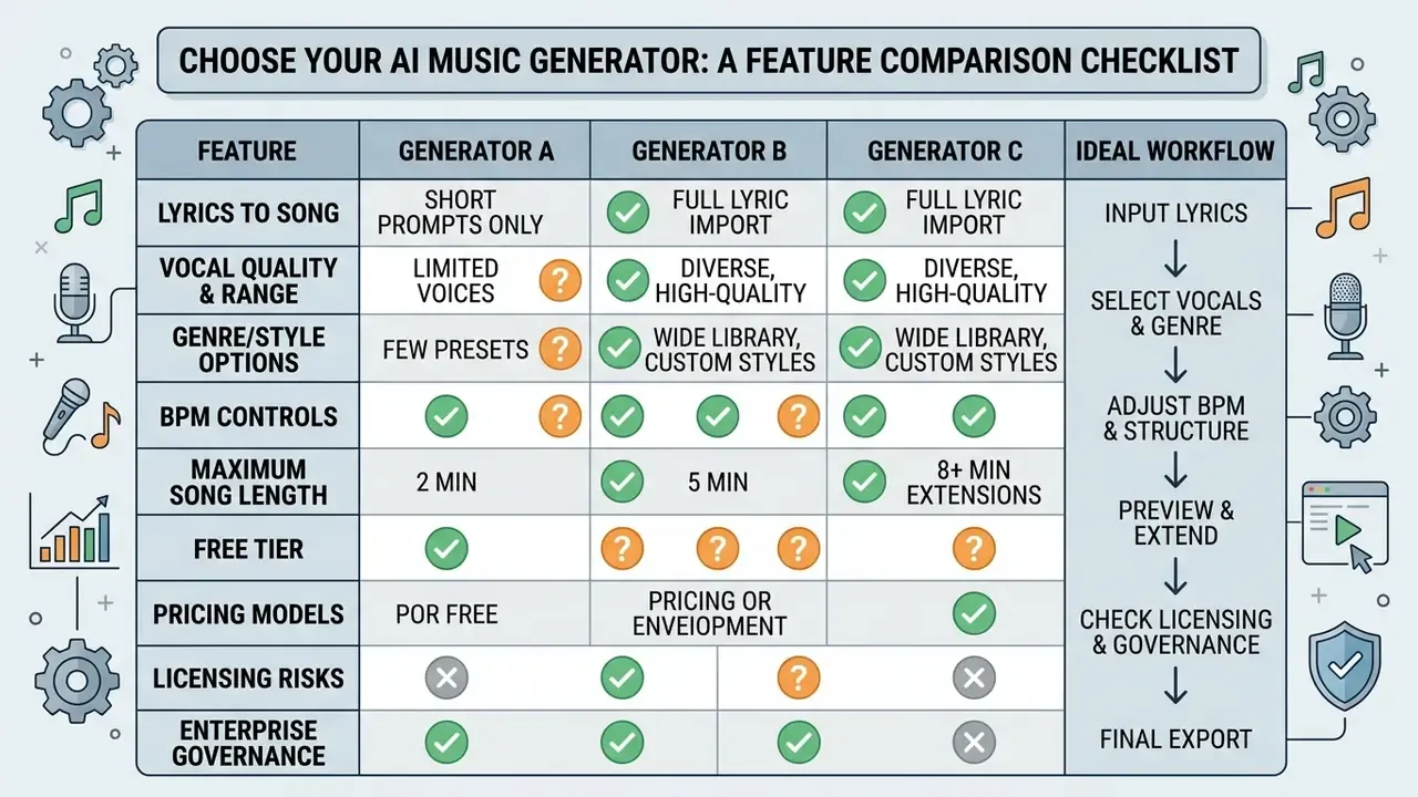 Comparison table evaluating three AI music generators against technical features and workflow steps