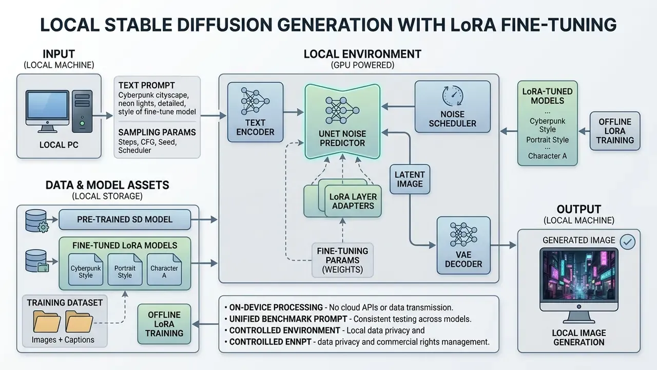 Diagram showing the architecture of a local Stable Diffusion run with LoRA fine-tuning components