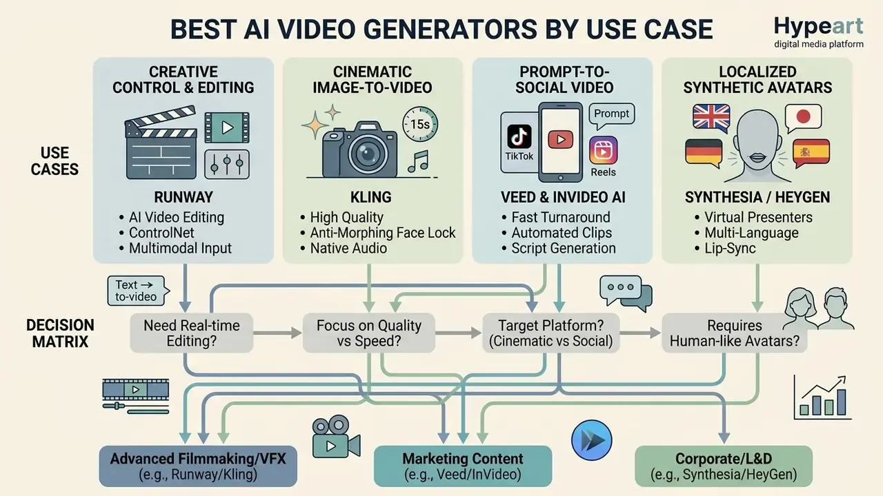 Categorized guide comparing AI video generator tools based on specific project needs and decision criteria