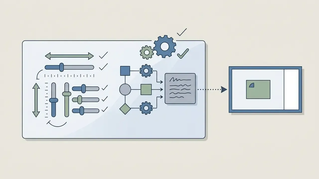 Control panel with sliders and gear icons connected to a document previewing canvas expansion